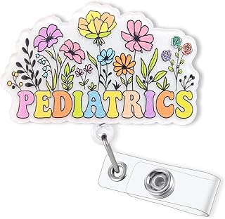 Cute Pediatrics Badge Reel Retractable, Elegant Floral Pediatric Nurse Badge ID Holder for Work, Peds Acrylic Badge Reel, PICU Nurses Gifts, Pediatric Nursing Student Badge Holder with Alligator Clip