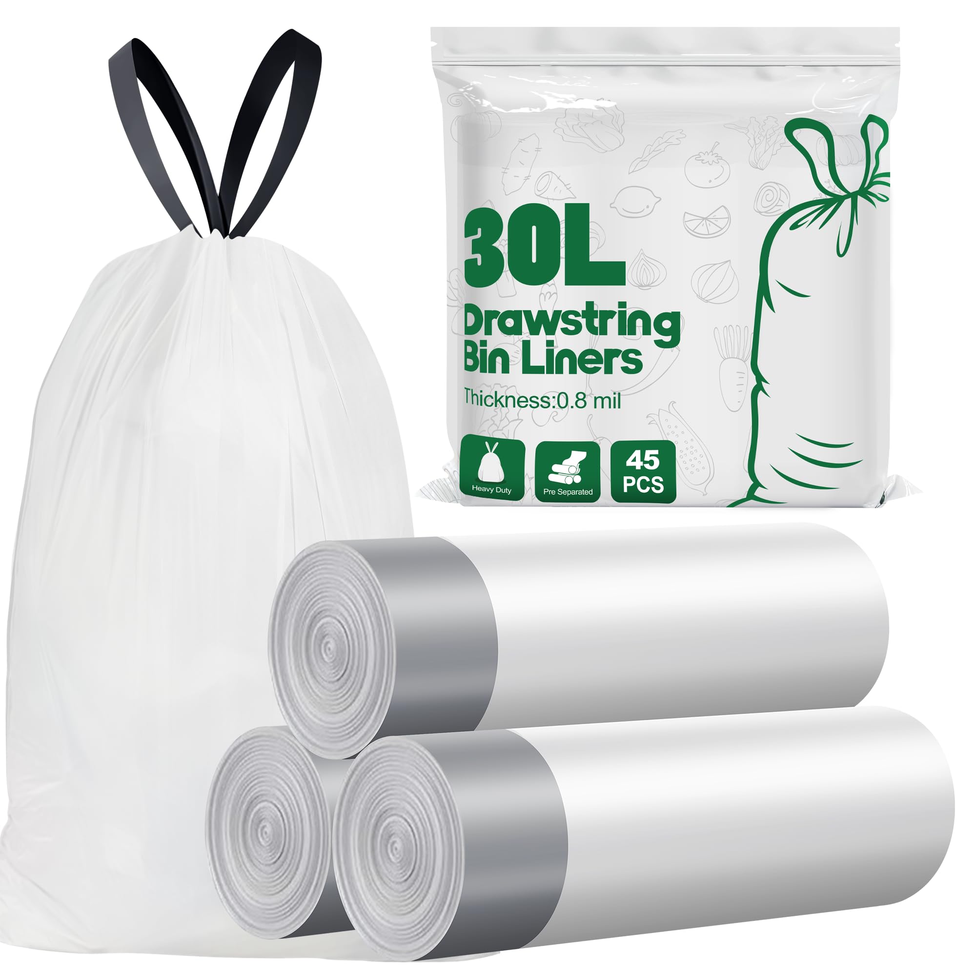 Yolaist Pre-Separated 30L Bin Liners - 20um Drawstring Bin Bags 45 Counts