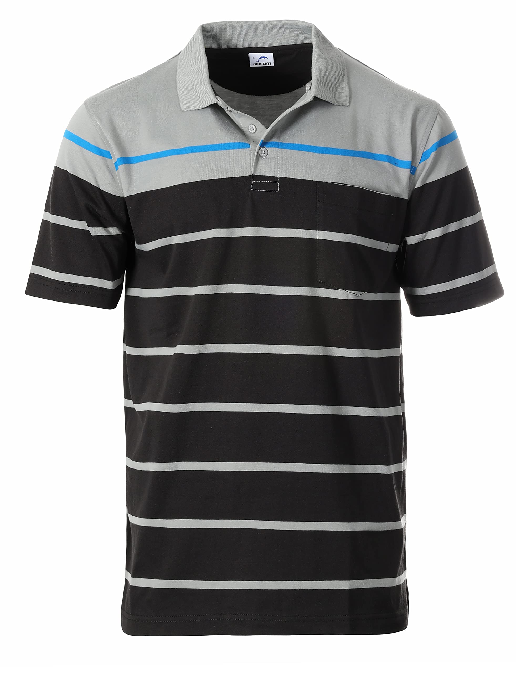 Gioberti Mens Single Stripe Polo Shirt with Pocket, Gray with Dolphin Logo, Medi