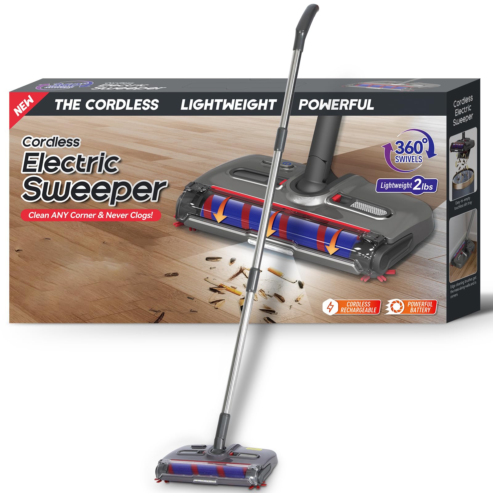 WarmWink Swivel Cordless Sweeper with LED Light,Floor Cordless Sweeper, Cordless