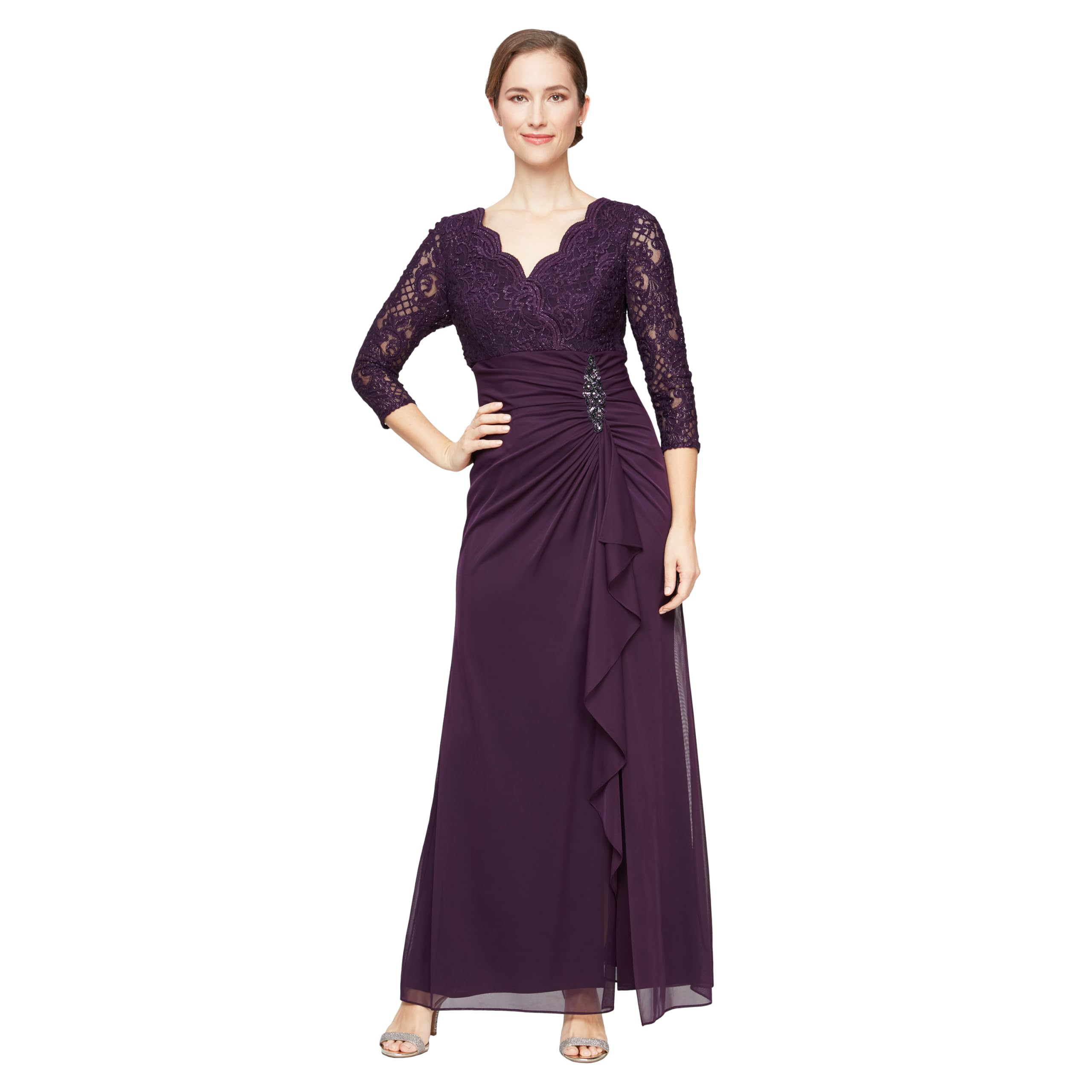 Alex Evenings Women's Long Lace Top Empire Waist Dress for Special Occasions