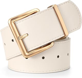 LEACOOLKEY Women Wide Leather Belt for Dresses Thick Chunky Belt with Big Gold Buckle Fashion Ladies Belt for Jeans