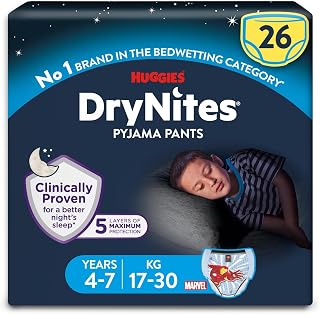 Huggies DryNites Pyjama Pants, Boys 4-7 Years (17-30KG), Up to 100% Leak Free Nights, Bedwetting Pants, 26 Count
