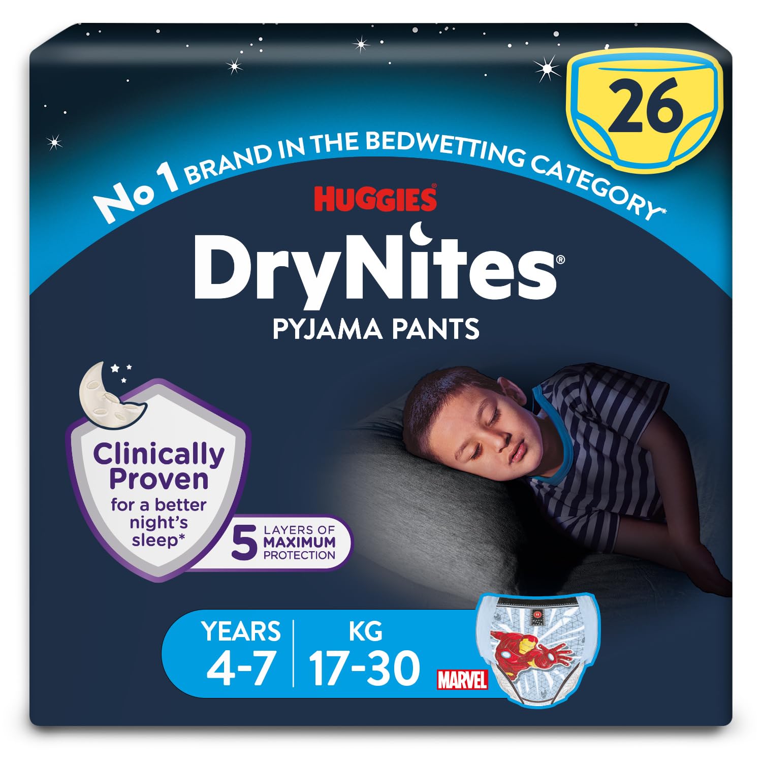 Huggies DryNites Pyjama Pants, Boys 4-7 Years (17-30KG), Up to 100% Leak Free Ni