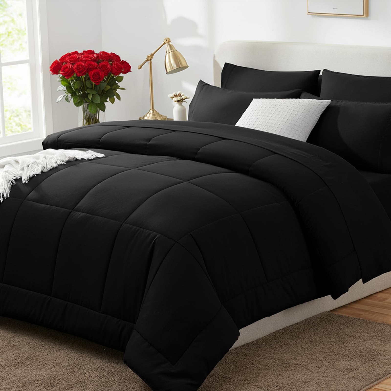 CozyLux Queen Comforter Set Black - 7 Pieces Bed in a Bag | OEKO-TEX Certified, 