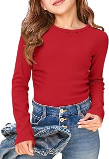 Haloumoning Girls Long Sleeve Shirts Round Neck Ruched Side Slim Fit Ribbed Top Casual Knit T-Shirt 4-15 Years