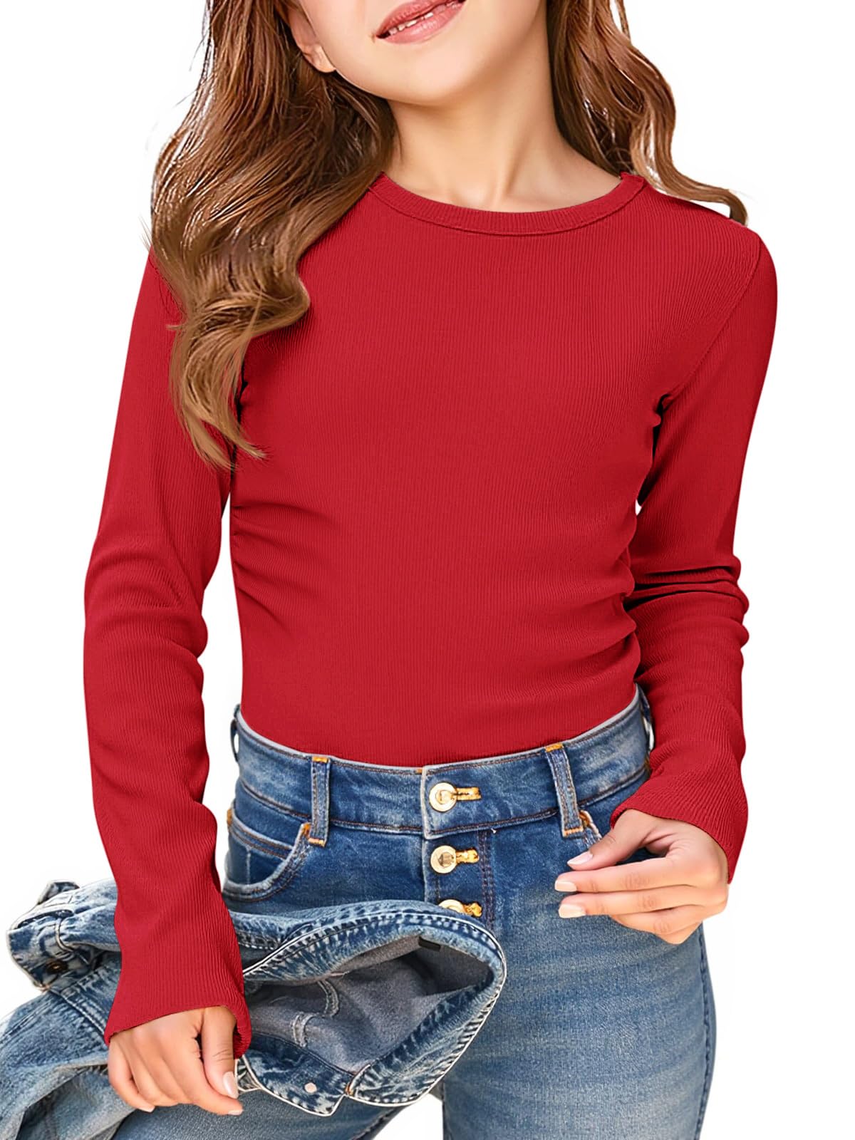 Haloumoning Girls Long Sleeve Shirts Round Neck Ruched Side Slim Fit Ribbed Top 