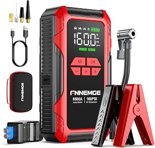 FNNEMGE Car Jump Starter 6500A 26800mAh with 160PSI Air Compressor, Car Battery Starter (for all petrol or 10.0L diesel vehicles), with USB output, 2 LED lights, HD display.