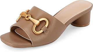 Coutgo Womens Heeled Slides Sandals Square Open Toe Slip on Comfortable Kitten Block Low Heel Metal Chain Dressy Shoes