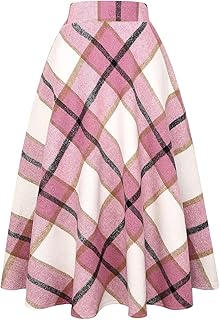 IDEALSANXUN Women's Plaid Wool Skirts Elastic Waist Flared Pleated Long Skirts
