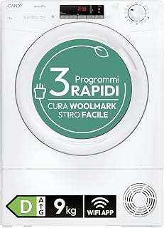 Candy Smart Pro 9 kg Class D Heat Pump Dryer, White | Snap&Dry, Woolmark, EasyCase, Wi-Fi, App hOn, Bluetooth, Delay Start, Compact Design, CRO EH9N2TE-S