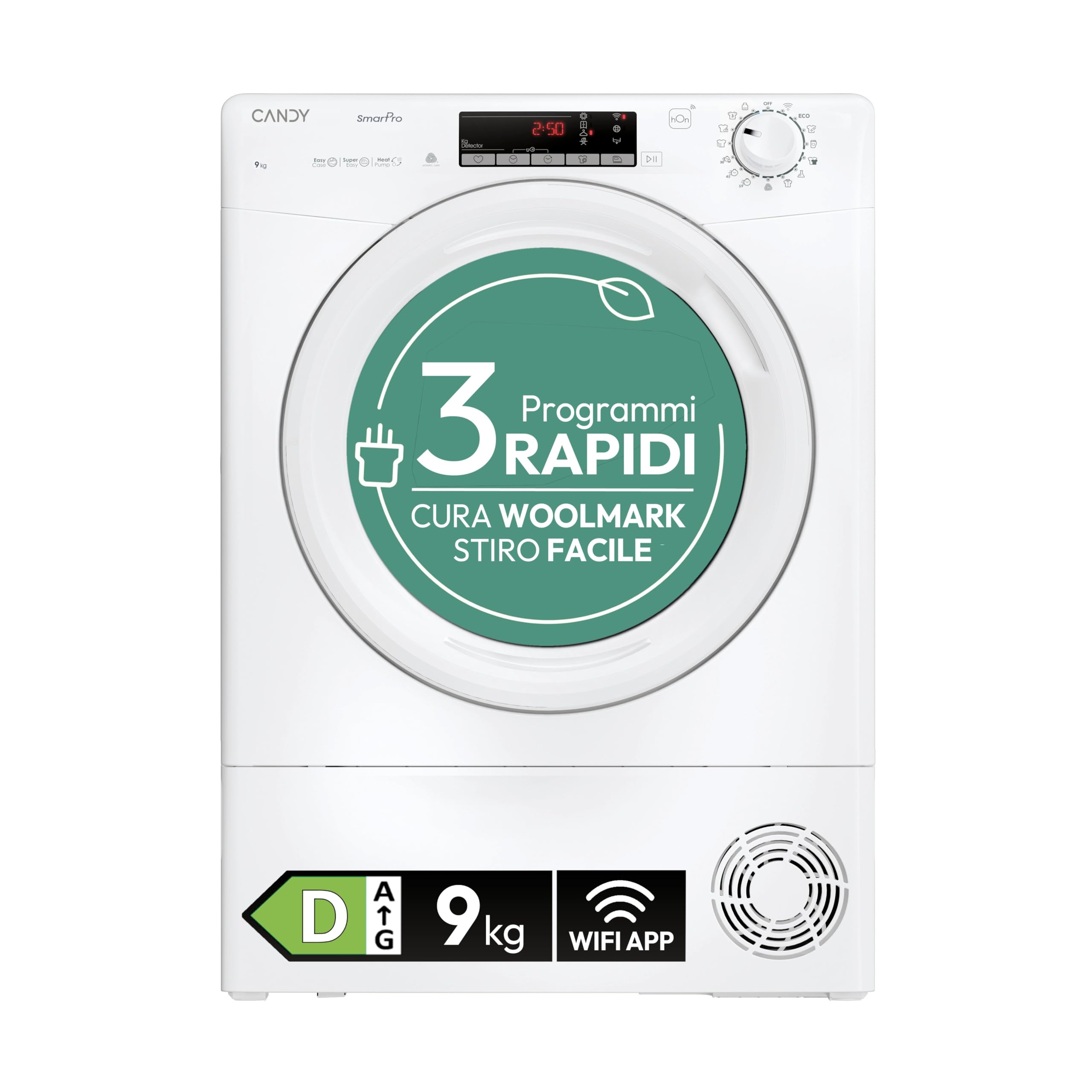 Candy Smart Pro 9 kg Class D Heat Pump Dryer, White | Snap&Dry, Woolmark, EasyCa