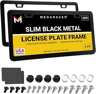Premium Slim Matte Black License Plate Frames, 2 Pack, Metal Car Tag Holder | Rust-Free Stainless Steel, Rattle-Free, Street Legal, Universal with Screw Caps, Thin Edge, Front &amp; Rear, For Men &amp; Women