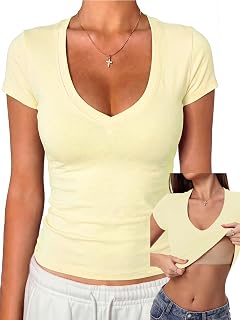 Danysu Fitted short sleeve crop tops with built in bra and