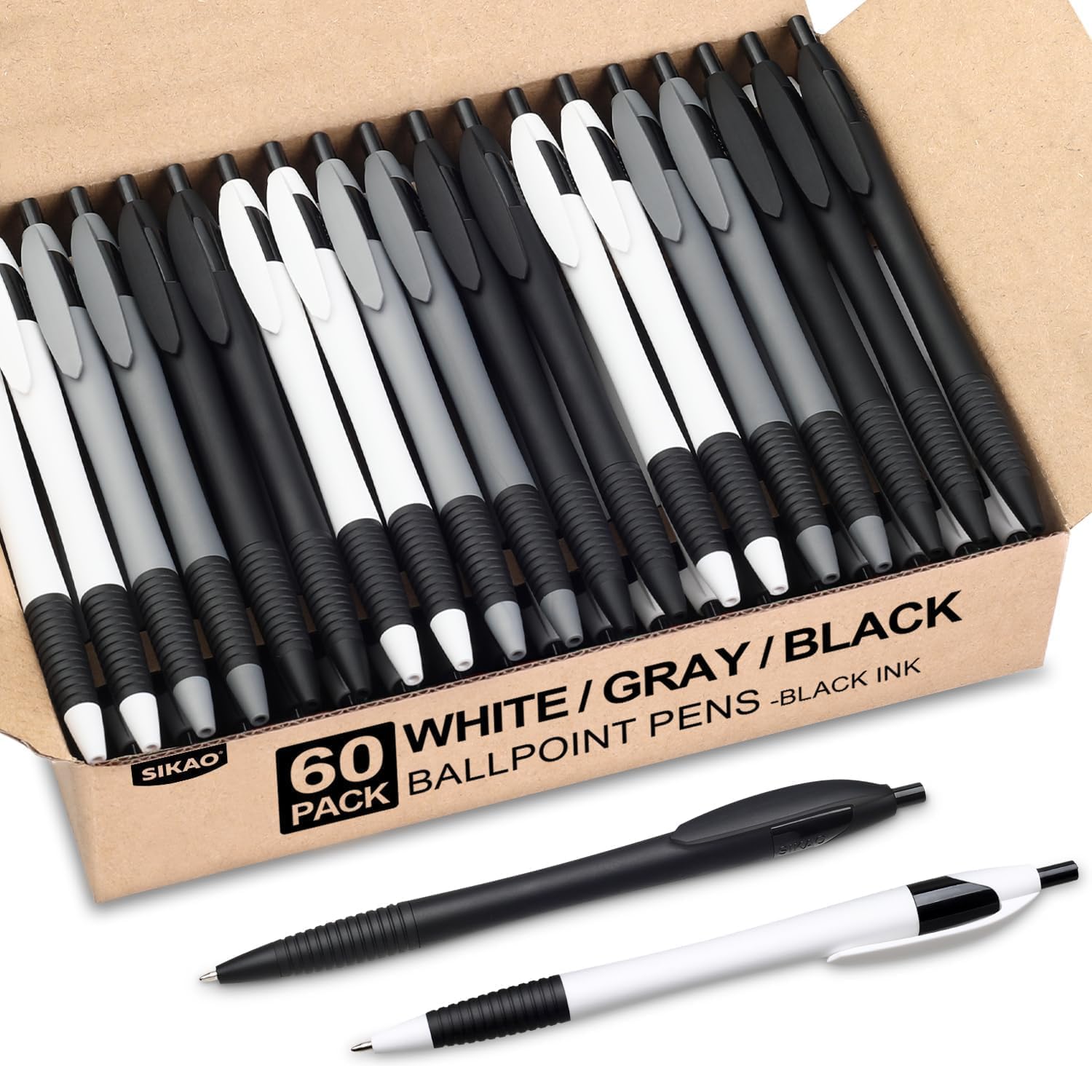Pens Bulk, 60 Pack Gripped Slimster Ballpoint Pens -White, Grey, Black