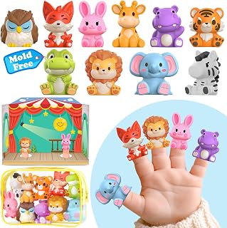 Oriate Zoo Animals Finger Puppets,Baby Jungle Animals Finger Bath Toys | 10PCS Rubber Finger Puppet Theater Storage Bags incl, Infant 12m+, Toddler Travel Toys Christmas Party Gifts Basket Stuffers