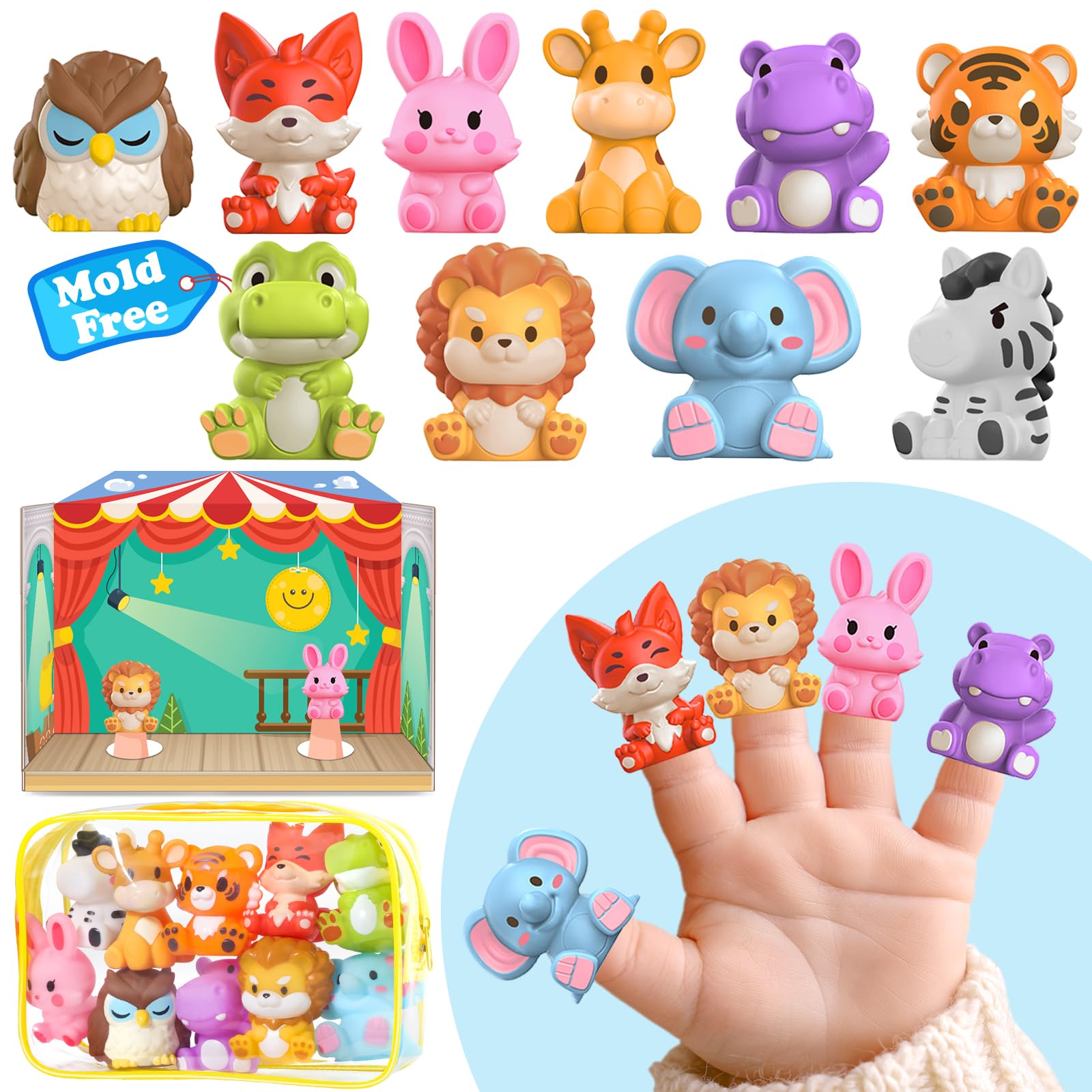 Oriate Zoo Animals Finger Puppets,Baby Jungle Animals Finger Bath Toys | 10PCS R