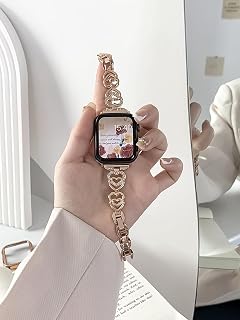 Heart Shaped Band Compatible with Apple Watch Band 38mm 40mm 41mm 42mm 44mm 45mm 46mm 49mm, Adjustable Diamond Stainless Steel Replacement Strap for iWatch Series