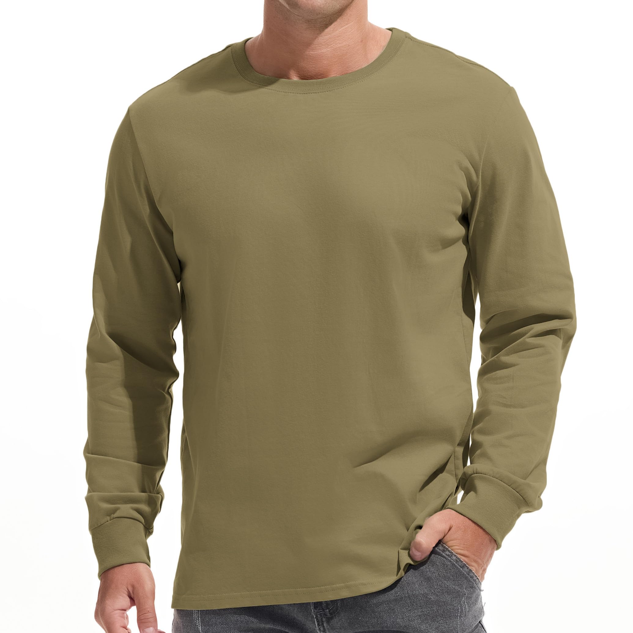 VEIISAR Men's Heavy Weight 100% Cotton Long Sleeve T-Shirt - Garment Washed - So