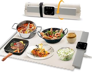 Electric Warming Tray with 5 Temperature Setting Rollable -2024 New Upgrade Portable Silicone Food Warmer Plate Fast Full Surface Heating Auto-Off Food Warmer Wooden Table Can Be Used (Creamy-White)