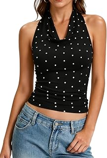 Women's Backless Halter Tops Y2K Polka Dots Cowl Neck Sleeveless Cropped Tank Top Sexy Summer Open Back Camisole Shirt