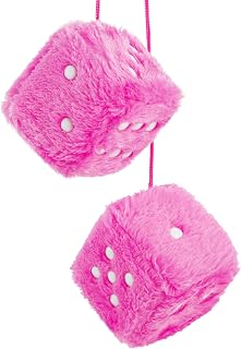 Fuzzy Dice for Car Mirror, Pair of Retro 2.75” Fuzzy Dice for Rear View Mirror with White Dots for Car Interior Hanging Ornament Decoration (Pink)