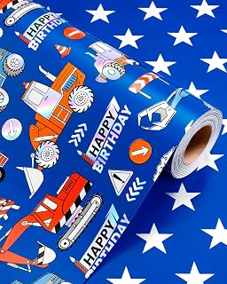 Wikadlik Birthday Wrapping Paper Roll - Colorful Truck Themed Silver Star Design Deep Blue Gift Wrap Paper for Kids Boy, Car Lover, Fathers Day - 43cm x 10m