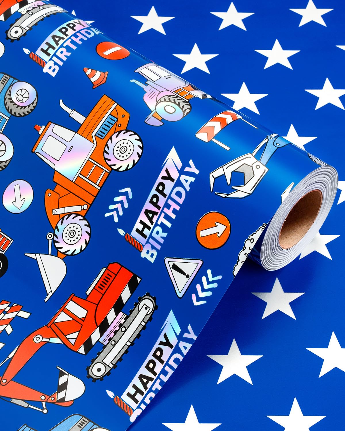Wikadlik Birthday Wrapping Paper Roll - Colorful Truck Themed Silver Star Design