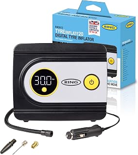 RING TYREINFLATE 20 Digital Tyre Inflator, Measures PSI, BAR & kPA | Compact Design, Easy-to-Read Digital Display, 3m Power Cable, One-Button Operation, Includes Three Adaptors