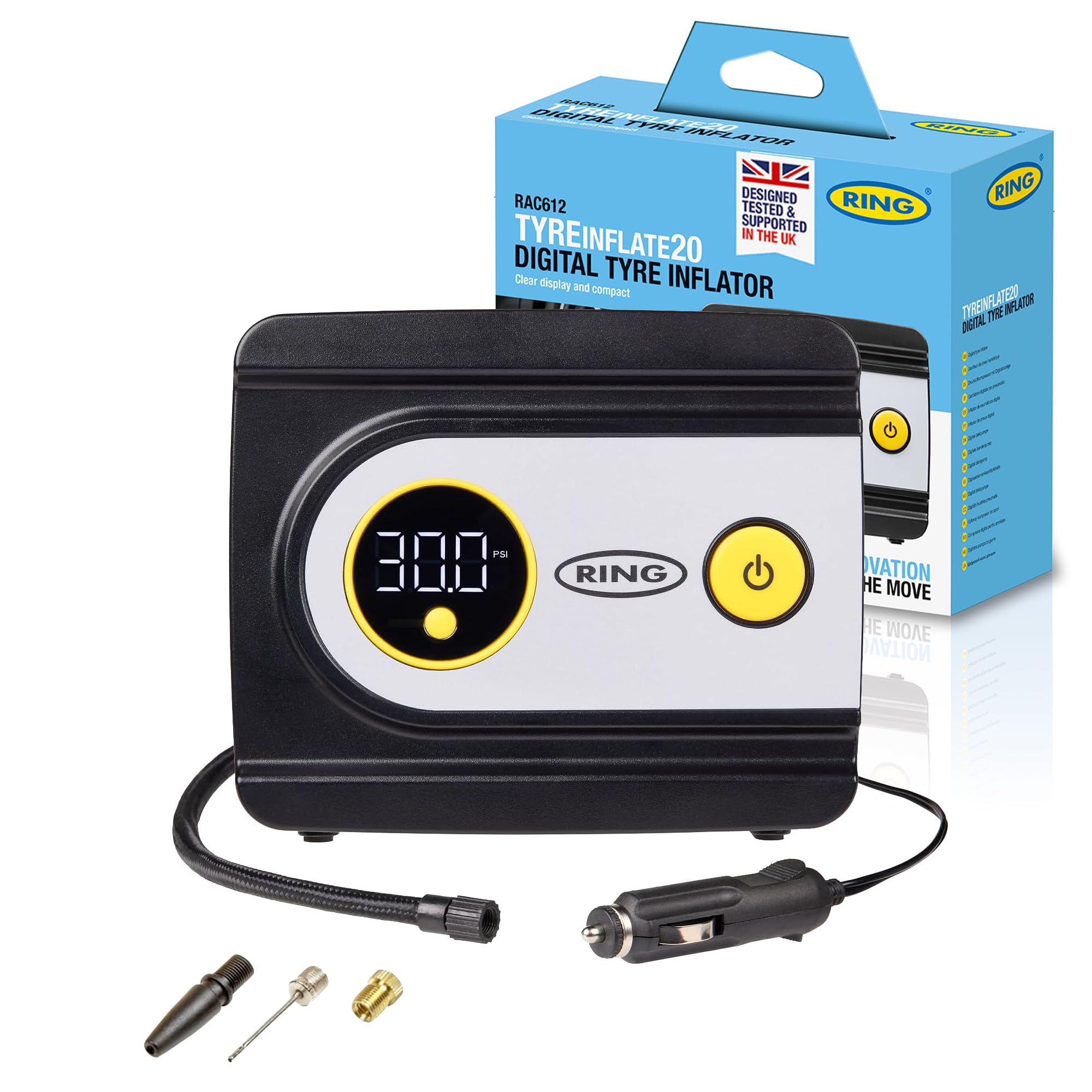 RING TYREINFLATE 20 Digital Tyre Inflator, Measures PSI, BAR & kPA | Compact Des
