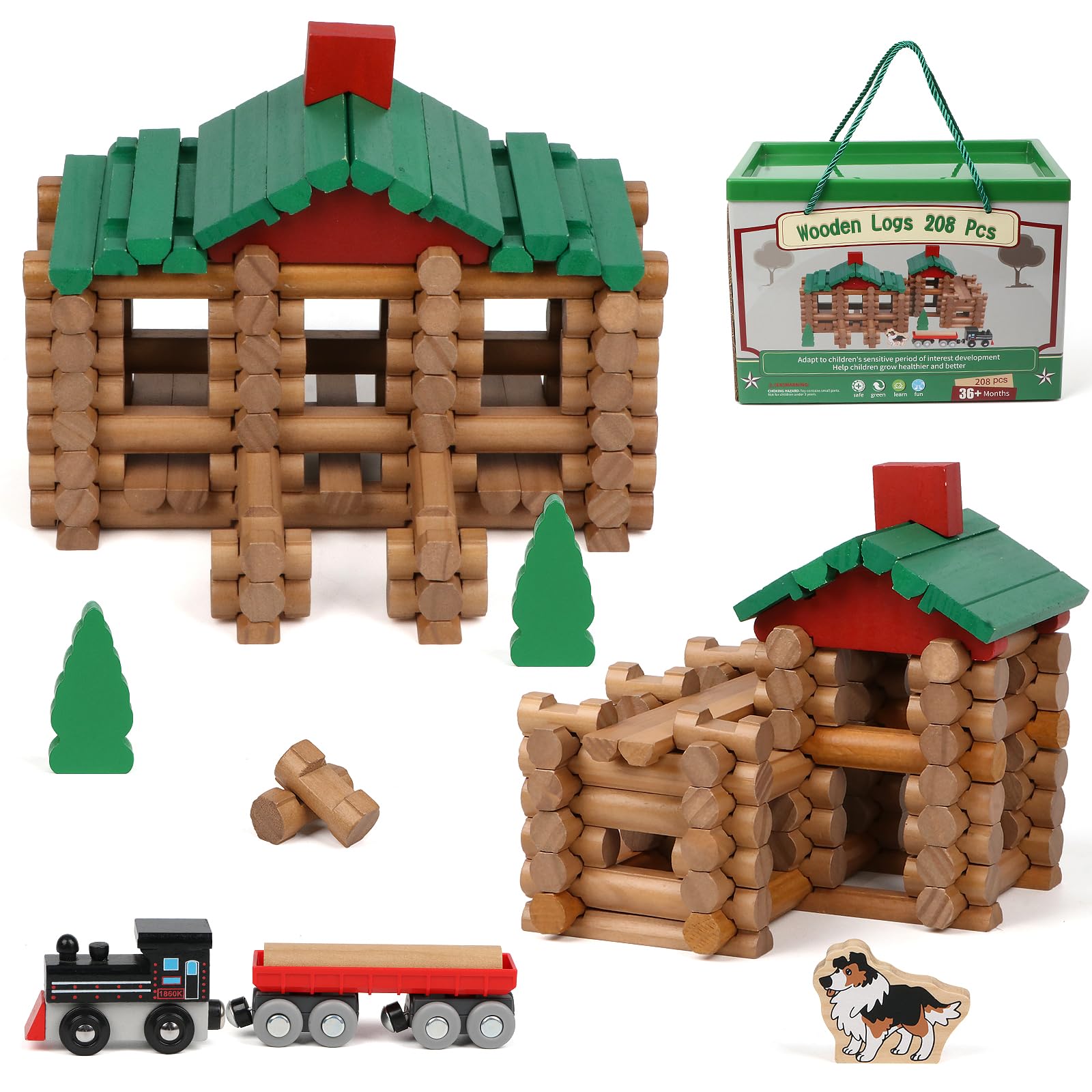 Wondertoys 208 Pcs Wooden Log Set - Classic Building Logs Ages 3+ - Best Retro B