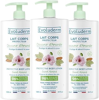 EVOLUDERM - Gentle Almond Protective Body Lotion - 1000 ml - 96% Natural Origin - Vegan - Made in France - Pack of 3 x 1000 ml