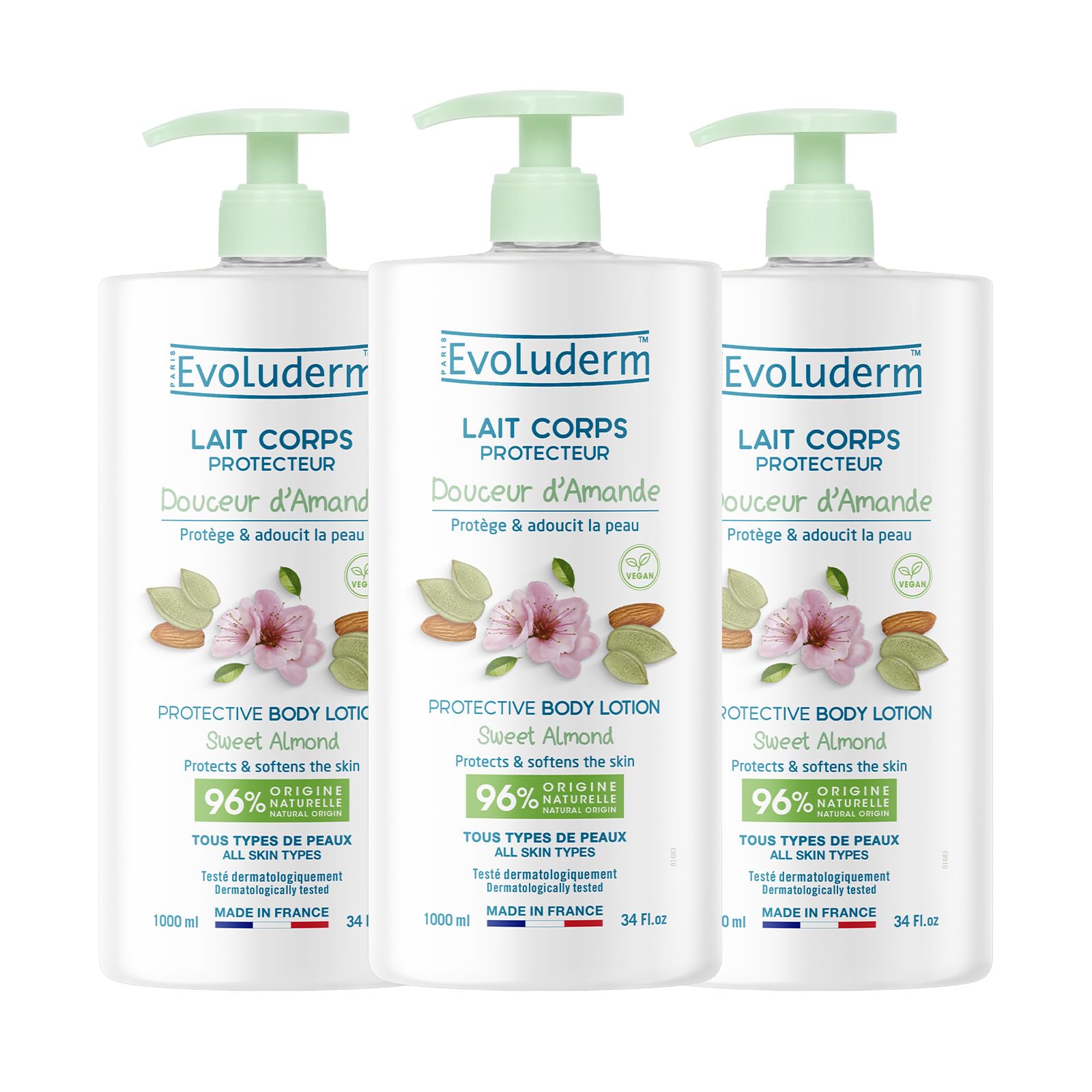 EVOLUDERM - Gentle Almond Protective Body Lotion - 1000 ml - 96% Natural Origin 