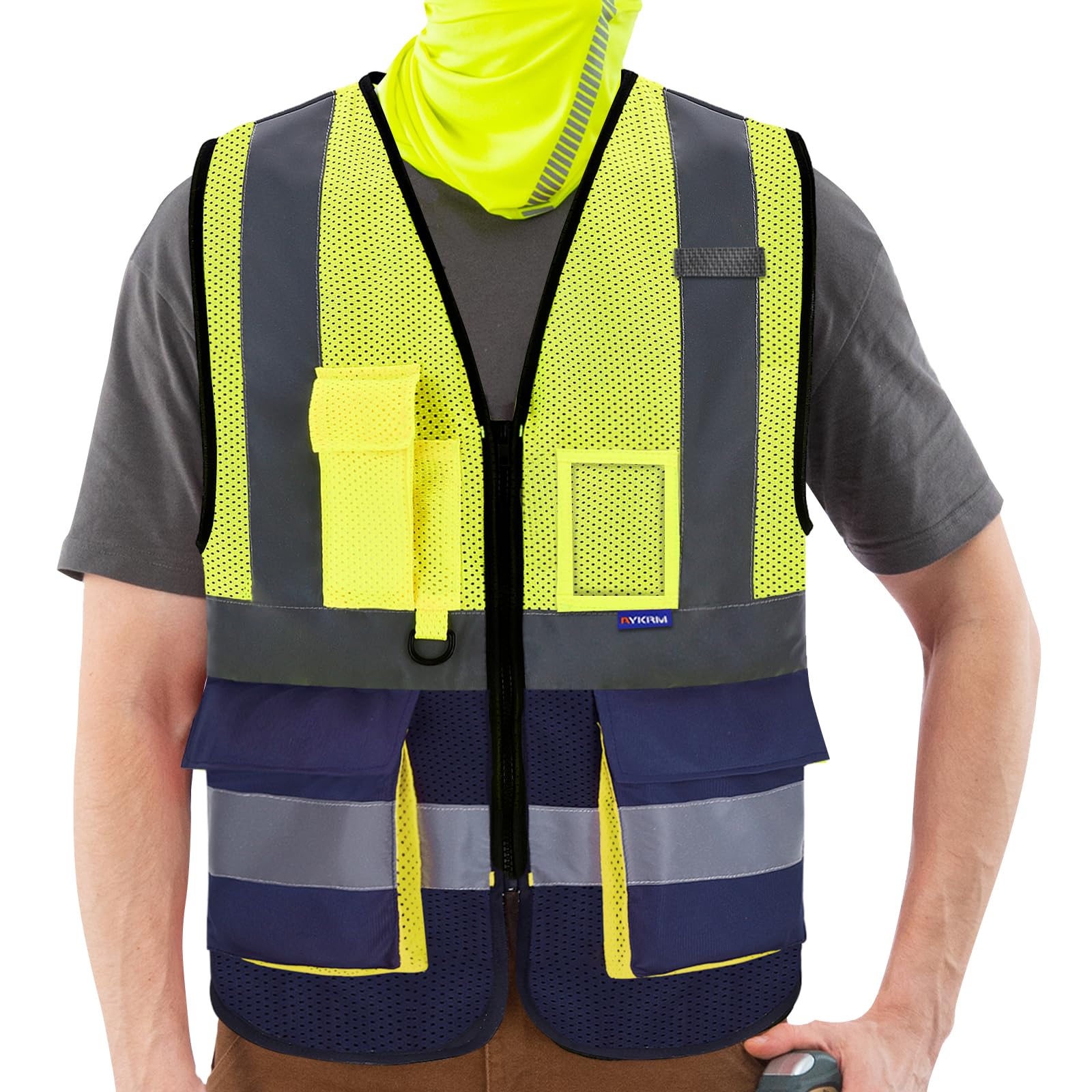 AYKRM Safety Vest Reflective High Visibility Workwear Vest Zipper Safety Work Ve