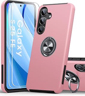 AOUIA for Samsung Galaxy S25 FE Case with 2-Pack Screen Protector, 3-in-1 Set Cover, 360°Rotating Ring Stand, Military Protection, Shockproof Phone Case for Samsung S25 FE, Pink