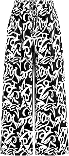 PRETTYGARDEN Ladies Stretch Floral Waist Lightweight Pants Palazzo Pants For Women Casual Lounge Wide Leg Pants Women