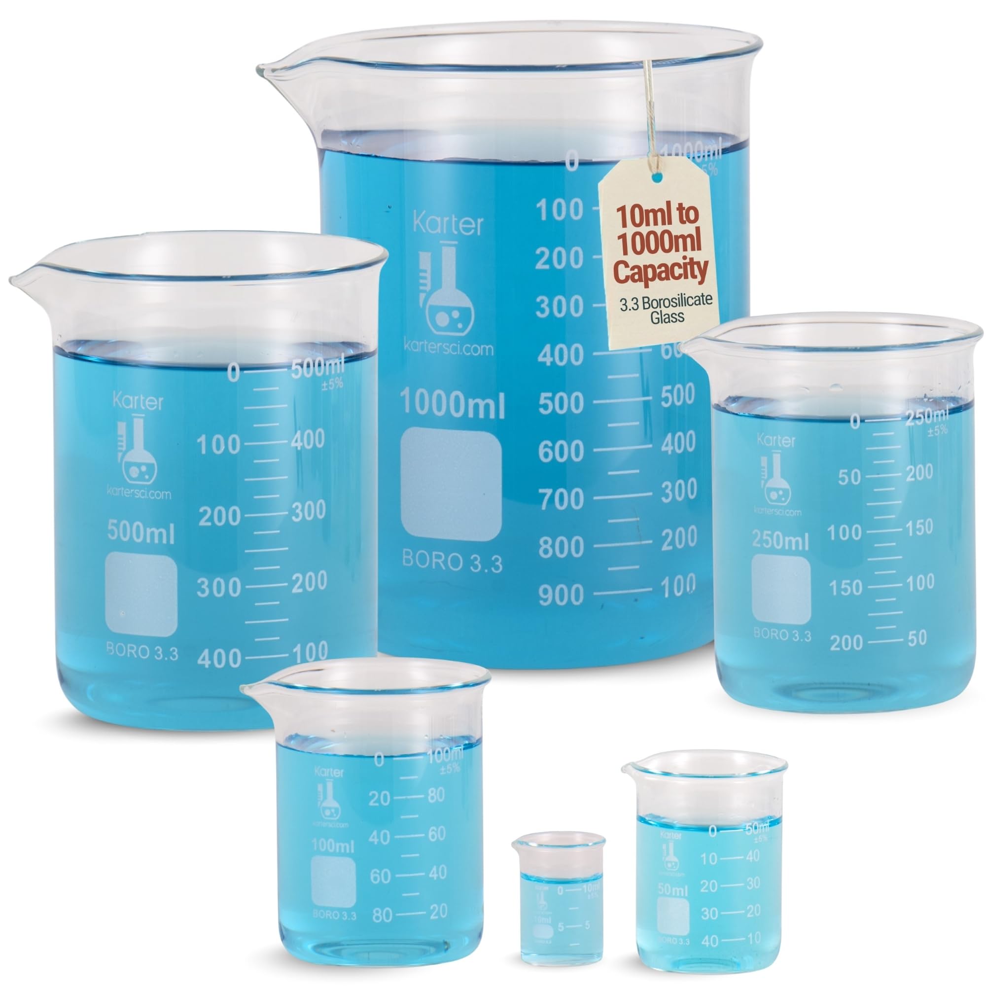 Karter Scientific, 3.3 Boro, Griffin Low Form, Glass Beaker Set - 6 Sizes - 10ml