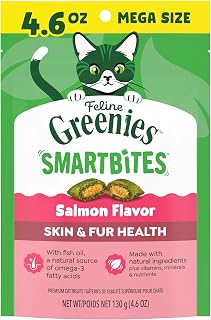 Greenies Feline Smartbites Skin & Fur Health Cat Treats, Salmon, 4.6 oz | Fish oil & flaxseed for skin health, omega-3s, no artificial flavors or preservatives, under 2 cal/treat, crunchy & soft