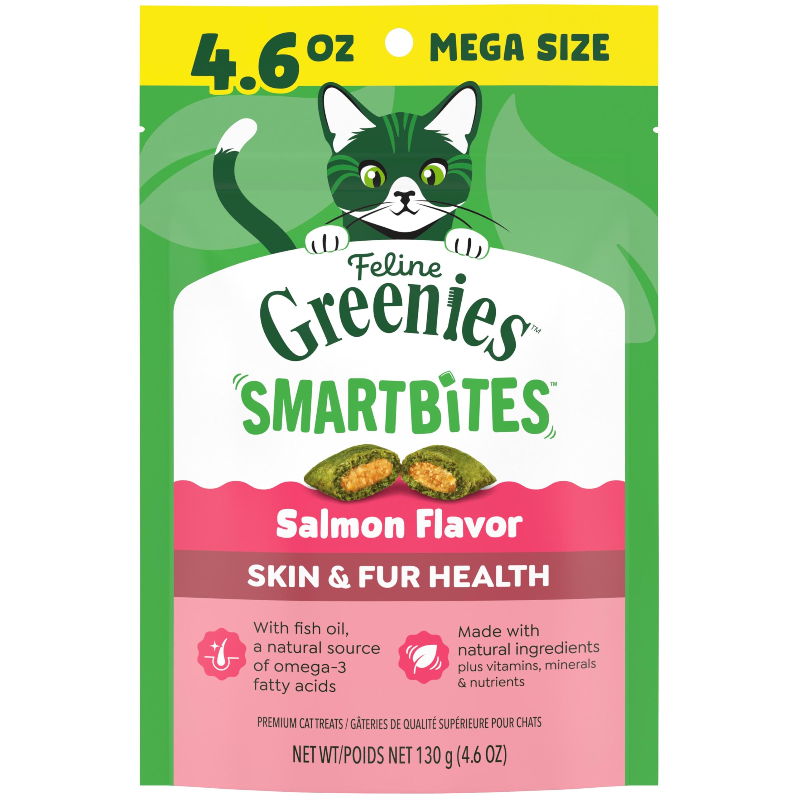 Greenies Feline Smartbites Skin & Fur Health Cat Treats, Salmon, 4.6 oz | Fish o