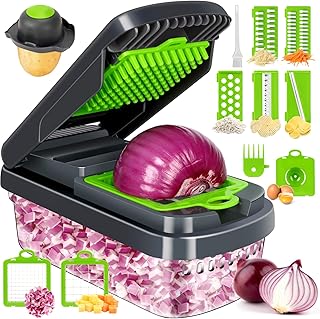 Yusshn Vegetable Chopper, 12-in-1 Food Veggie Chopper Cutter with Container | 7 Sharp Blades Dice, Slice, Shred and Grate for Salads, Onions and Meal Prep, with a Non-Slip Base and Drain Basket