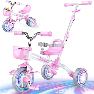 Kkdi 5 in 1 Toddler Bike for 1-3 Year Old, Pink Tricycle with Push Handle | Convertible Baby Balance Bike, Color Light Wheel & Detachable Pedal, 4-Position Seat, Toddler Girl Birthday Gift, Toy