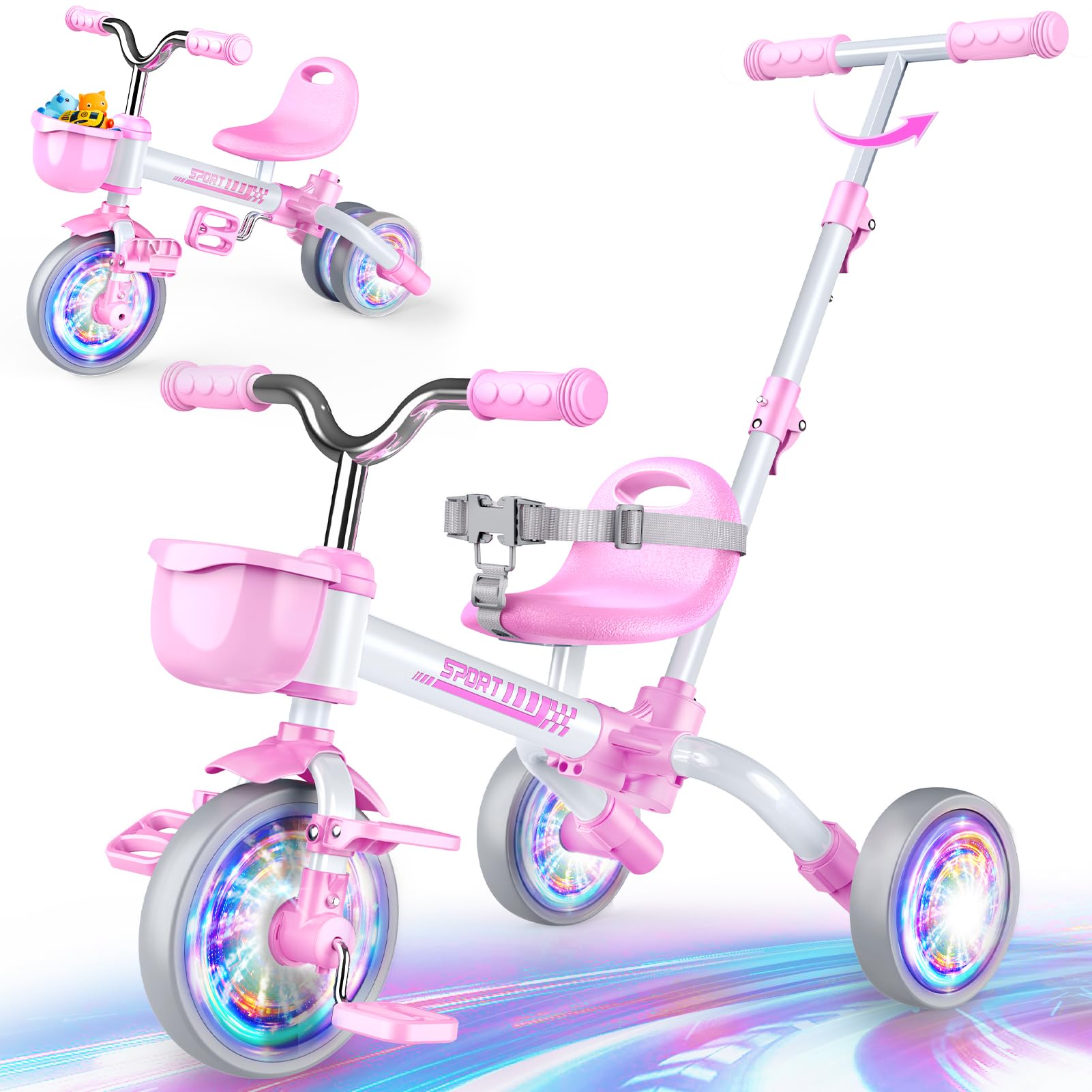 Kkdi 5 in 1 Toddler Bike for 1-3 Year Old, Pink Tricycle with Push Handle | Conv