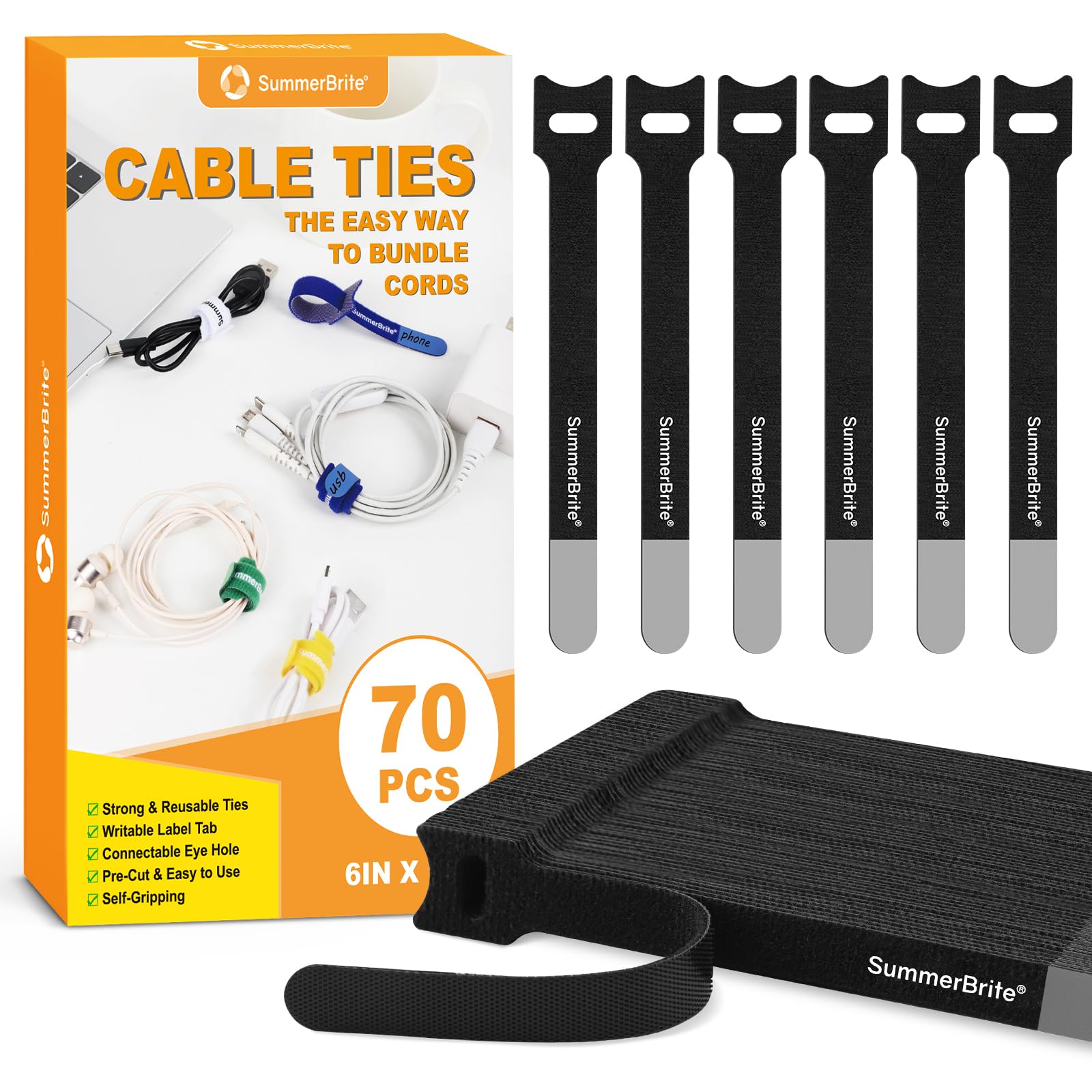 Summerbrite 70PCS Reusable Cable Ties Black Cable Straps Adjustable Hook and Loo