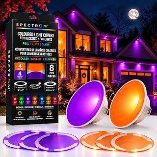 SPECTROM Recessed Light Covers - Orange and Purple 8-Pack, Peel-and-Stick, 5" Lenses - Fits light Opening up to 4", Can Light Covers &amp; Light Gels for Indoor &amp; Outdoor, Ideal for Halloween