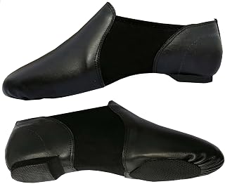 Slip On Jazz Dance Shoes - Pure Black Leather - Modern Stage Rubber Heel - Neoprene - Irish Dancing Pumps - Adults & Kids