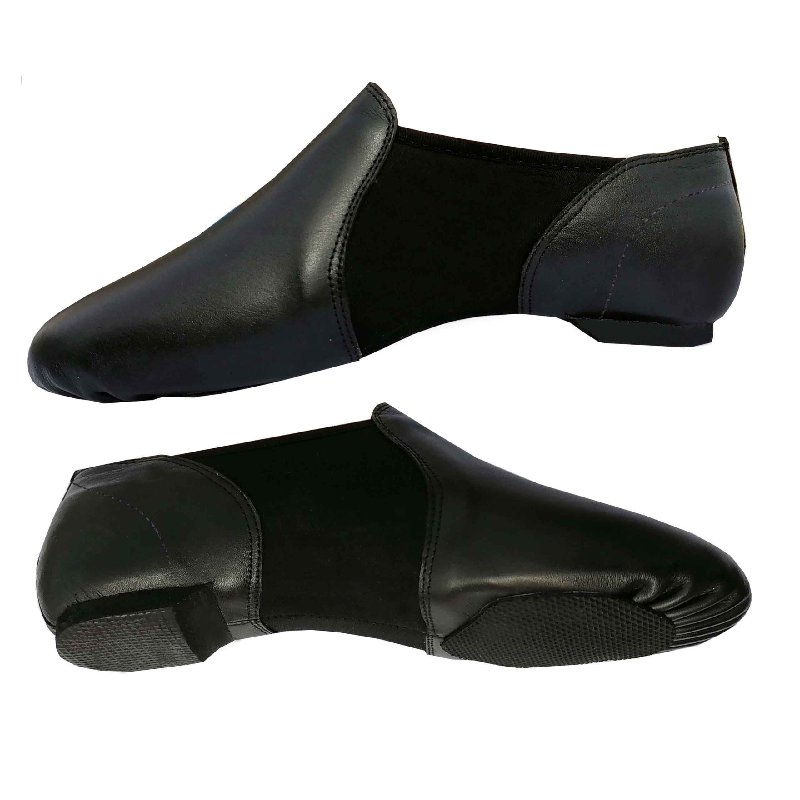 Slip On Jazz Dance Shoes - Pure Black Leather - Modern Stage Rubber Heel - Neopr
