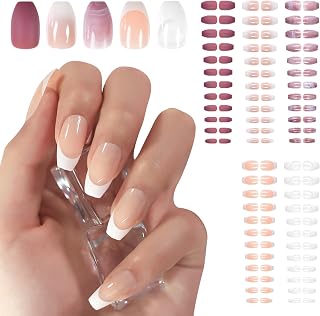 5 Pack Press on Nails Glossy Nude French Nail Art Tips Medium Length Coffin False Nail Salon Manicure Kit Reusable Acrylic Nails Fake Nails 120pcs with Adhesive Tabs