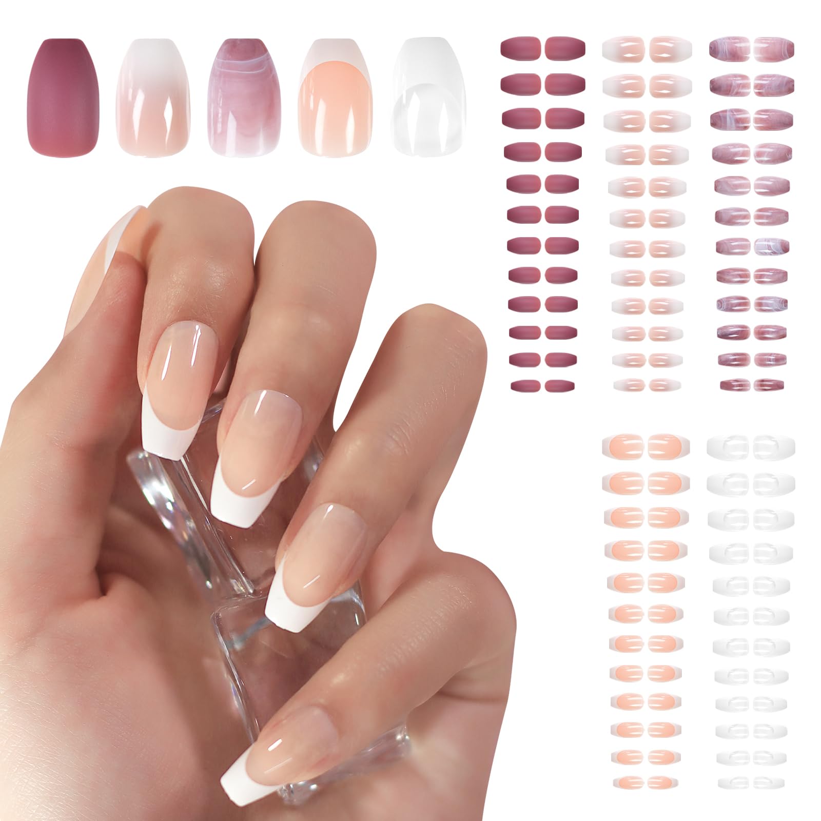5 Pack Press on Nails Glossy Nude French Nail Art Tips Medium Length Coffin Fals