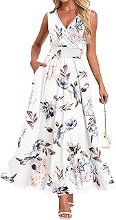 AUSELILY Dresses for Women Sleeveless V Neck Smocked Maxi Dress with Pocket