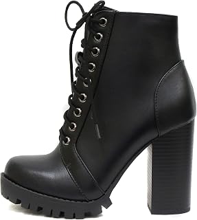 Soda Chalet Fashion Lace Up Boots Military Inspired Stacked Heel Side Zip